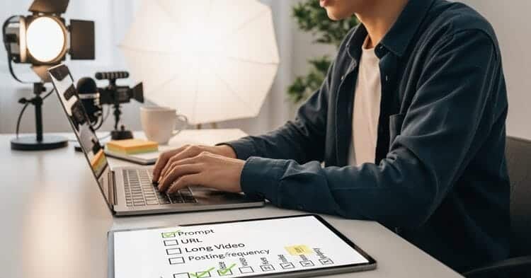Creator compares AI video tools on a laptop using a workflow checklist for prompt, URL, long video, and voice or avatar needs