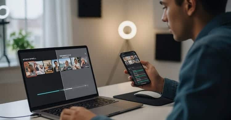 Creator editing daily YouTube Shorts and TikToks, comparing stock b-roll workflow vs generative AI visuals on a laptop screen