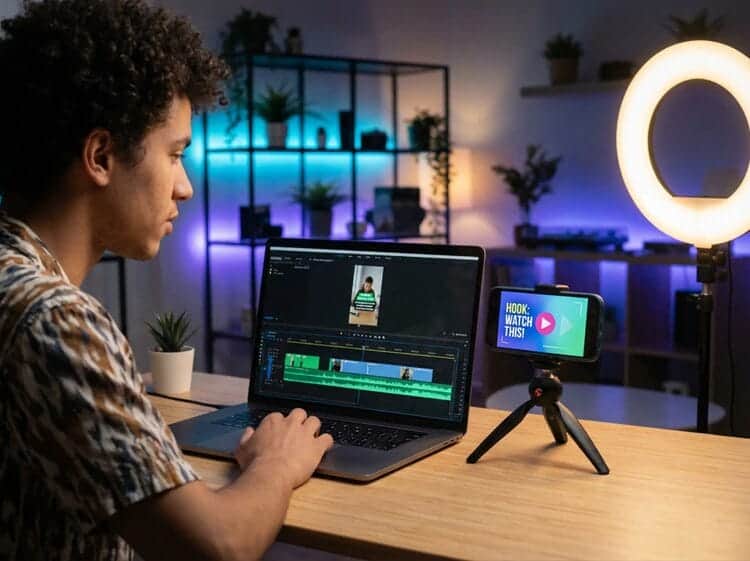 Creator edits viral TikTok video in Clipfly with captions, quick cuts, and music waveform on a laptop beside a phone on tripod