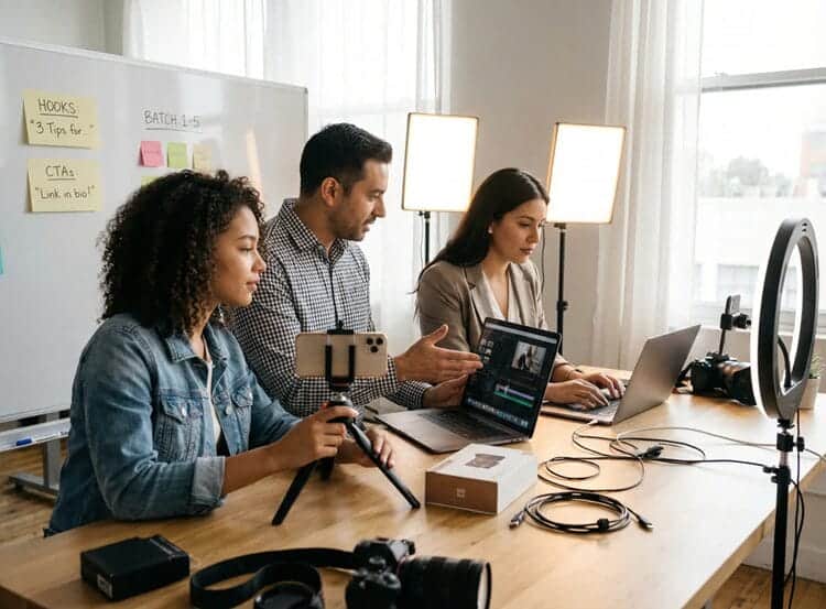 Creators and marketers batching short-form videos in a studio office, testing UGC hooks and CTAs for high-volume content production
