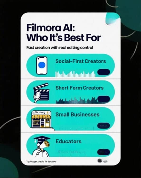 Creators edit Filmora AI short videos with captions and audio-to-video timelines for podcasts, ads, and course clips in a studio.