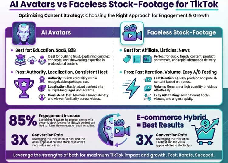 Infographic comparing AI avatars vs faceless stock-footage videos for TikTok
