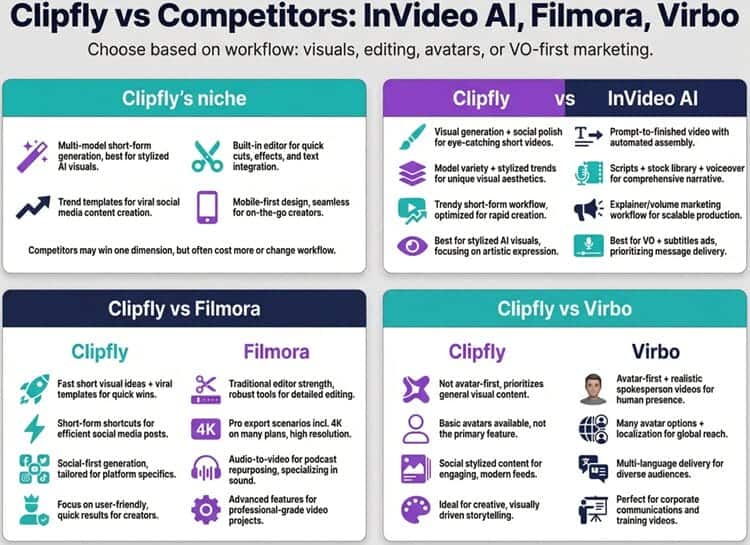Infographic comparing Clipfly vs InVideo AI, Filmora, and Virbo
