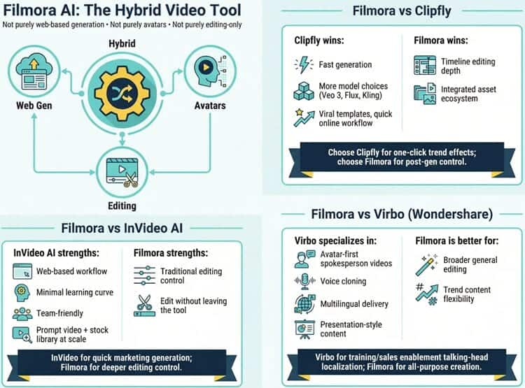 Infographic comparing Filmora AI vs Clipfly, InVideo AI, and Virbo