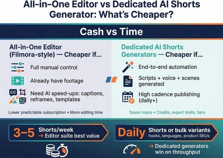 Infographic comparing all-in-one editor vs dedicated AI shorts generator costs