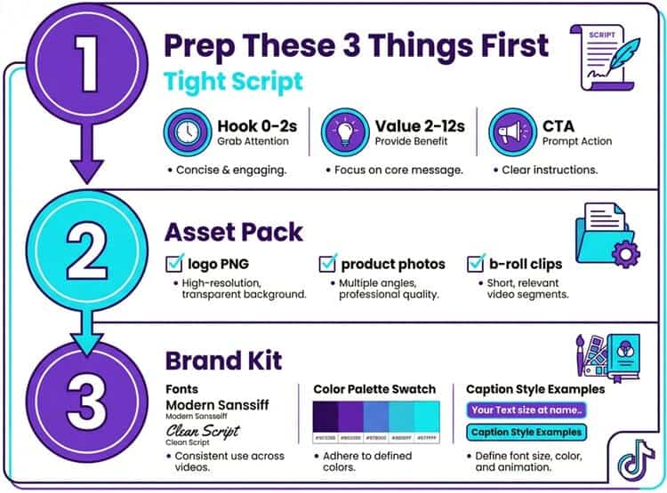 Infographic showing 3 essential preparation steps for AI TikTok video generators