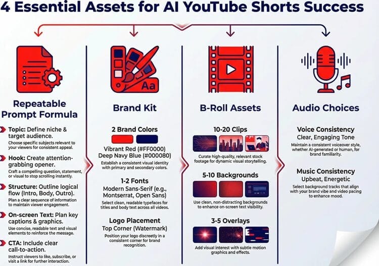 Infographic showing 4 essential assets for creating YouTube Shorts with AI
