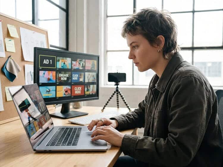 Marketer batch-creating UGC-style video ads with Tagshop AI on dual monitors, highlighting fast URL-to-video workflow for paid social