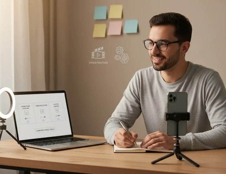 Video creator comparing InVideo AI vs Clipfly, Filmora, and Virbo on a laptop, noting workflow pipeline, timeline, and avatars
