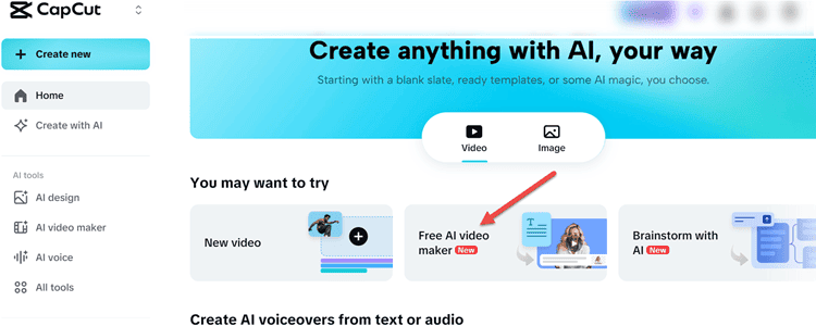 CapCut's AI Video Maker easily seen on Interface