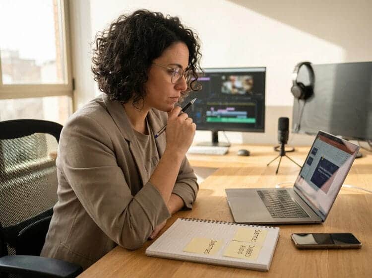 Content strategist planning subtitles vs dubbed audio by platform on laptop and phone in a modern workspace with video gear