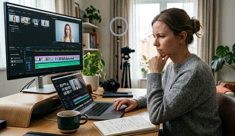 Creator iterating AI video edits with avatar cloning and brainstorming notes on a home studio desk, CapCut AI workflow concept