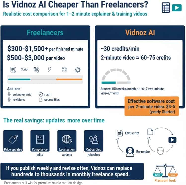 Infographic comparing Vidnoz AI vs freelancers for explainer video cost