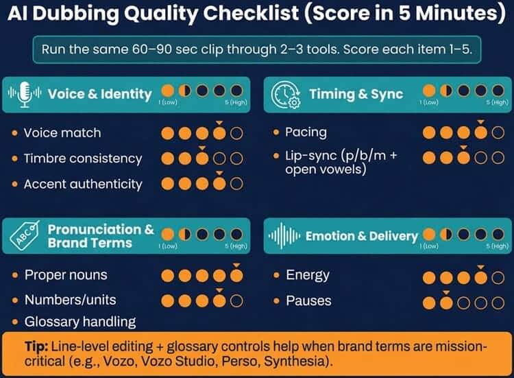 Infographic illustrating an AI dubbing quality checklist for the best AI dubbing video translator