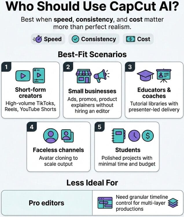 Infographic illustrating who should use CapCut AI