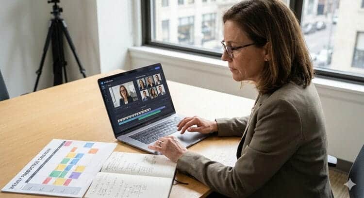Manager planning business video production with AI template editor and approved avatars, highlighting faster throughput and lower cost
