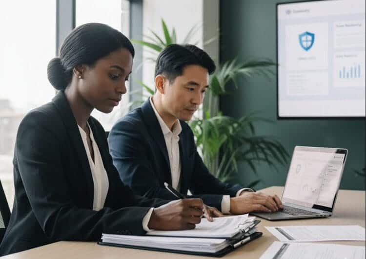 Compliance team reviews security questionnaire showing SOC 2 Type II, GDPR, and ISO 42001, highlighting enterprise AI governance readiness