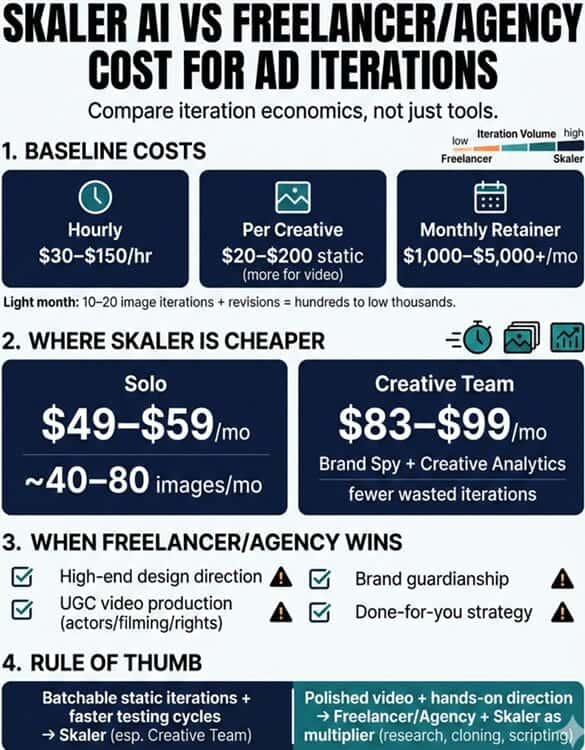 Infographic comparing Skaler AI vs freelancer or agency costs for ad iterations