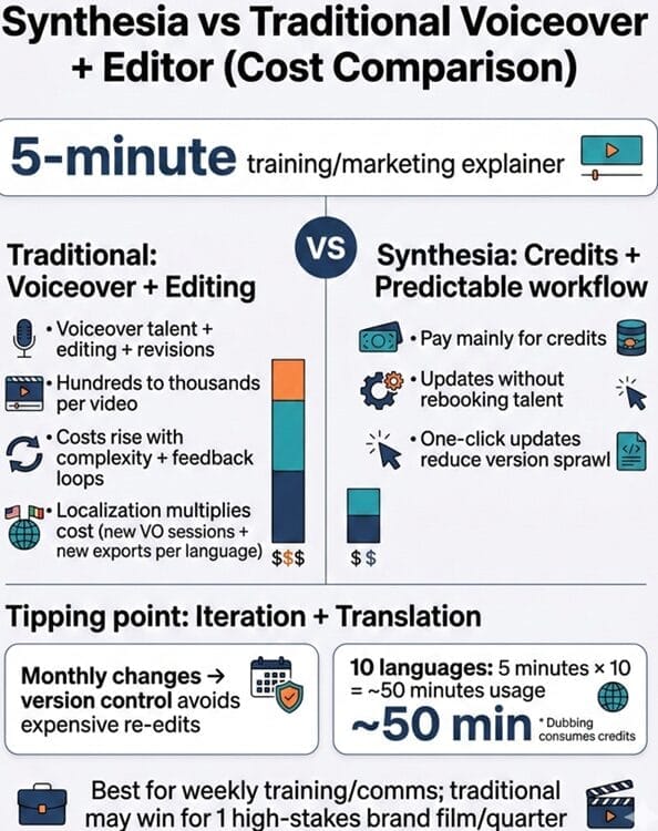 Infographic comparing Synthesia vs hiring voiceover and editor costs for a 5-minute video