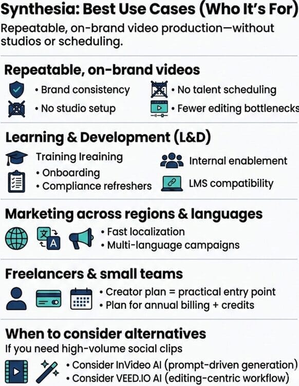 Infographic illustrating Synthesia best use cases