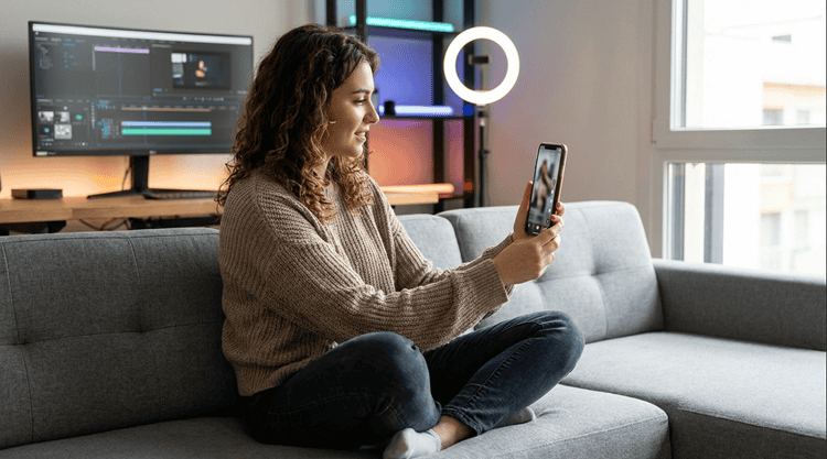 Creative professional reviewing AI-generated TikTok video ads on smartphone in modern content creator studio setup