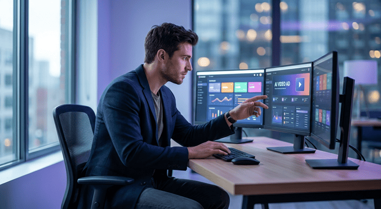 Marketing professional comparing AI video ad tools on multiple screens to choose the best platform for high-converting campaigns