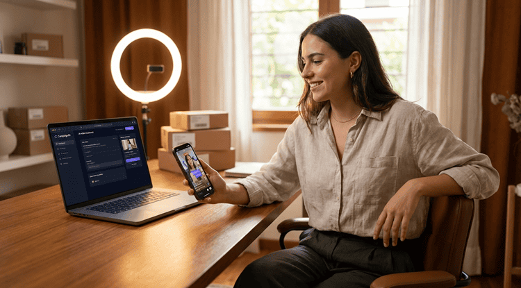 Solo marketer using AI video ad creator tool on laptop and phone to launch UGC-style ads without hiring creators