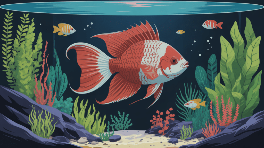 Magnifique ryukin nageant dans un aquarium spacieux, plantes vertes