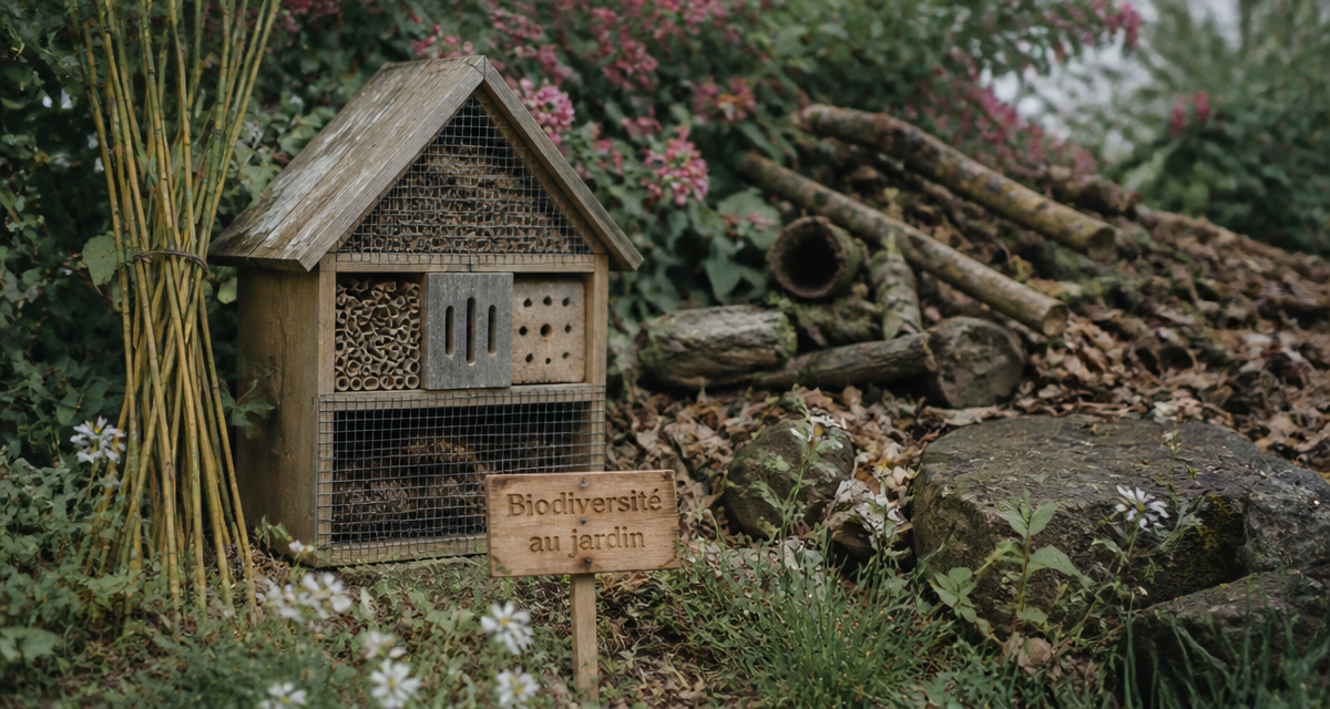 hôtel à insectes inconvénients devant haie et bois mort