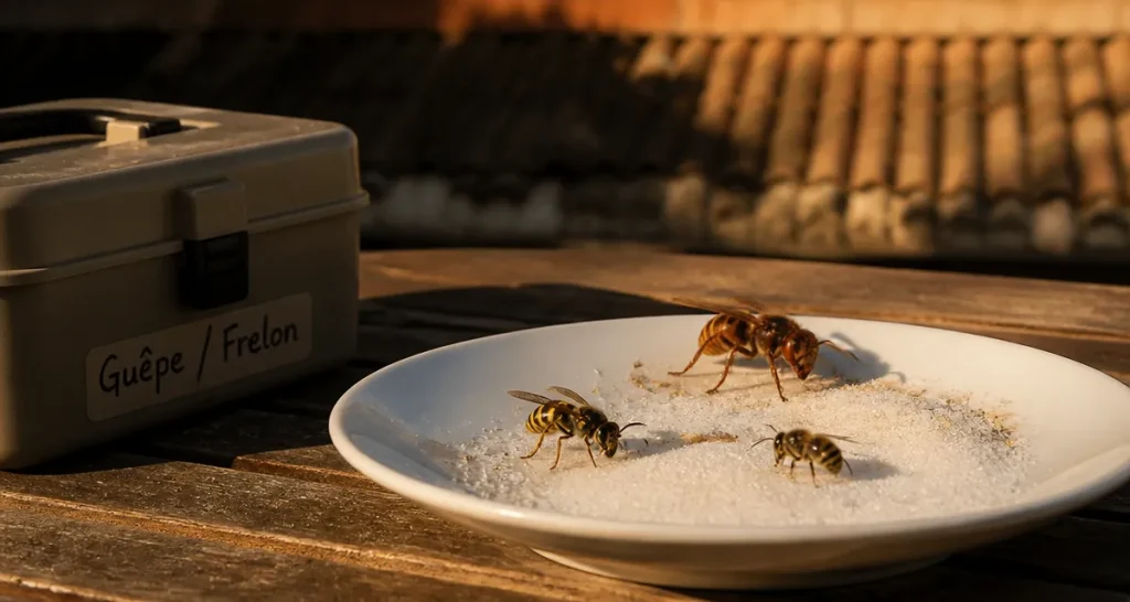 Différence entre guêpe et frelon sur table de jardin, identifier sans risque