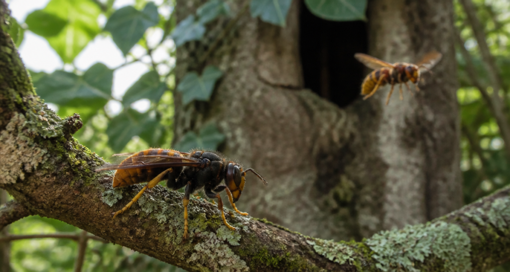 frelon noir et jaune sur branche, européen en arrière-plan