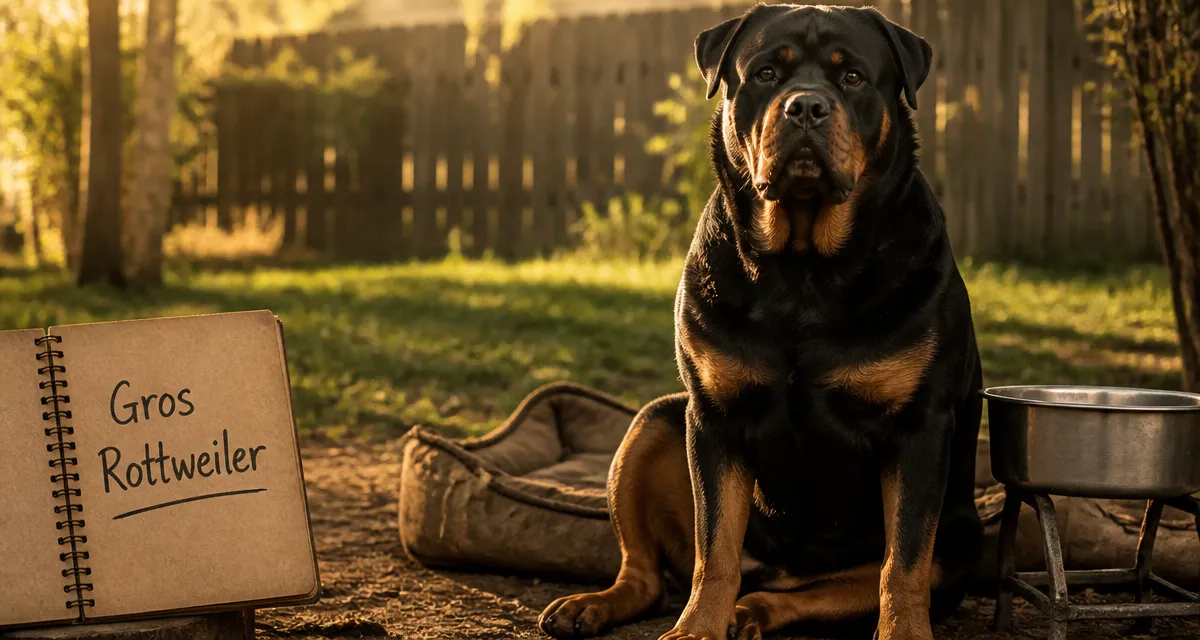 Gros rottweiler musclé, assis au jardin