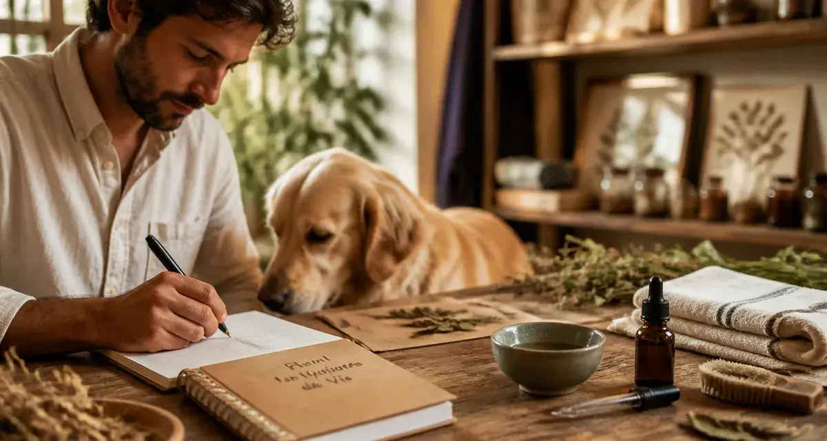 Naturopathe pour animaux en cabinet à domicile : carnet, hydrolat et plantes pour bien-être canin