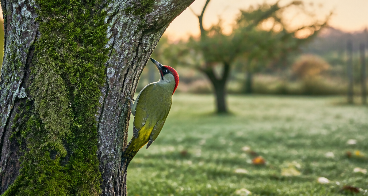 oiseau vert tete rouge sur tronc de pommier