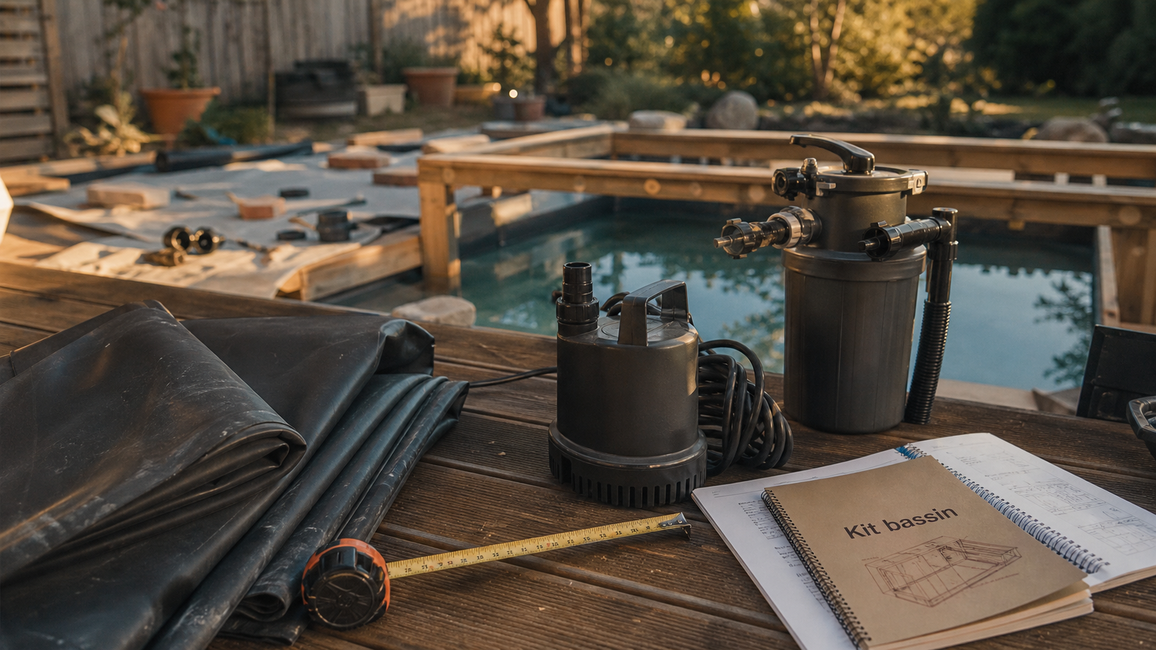 Kit bassin poisson hors sol en montage : liner EPDM sur terrasse bois