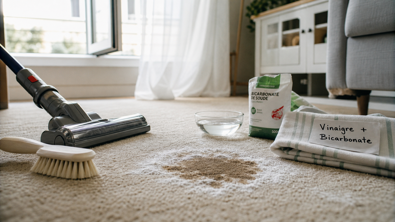 Nettoyer tapis vinaigre blanc bicarbonate : brosse et aspirateur près d’une tache