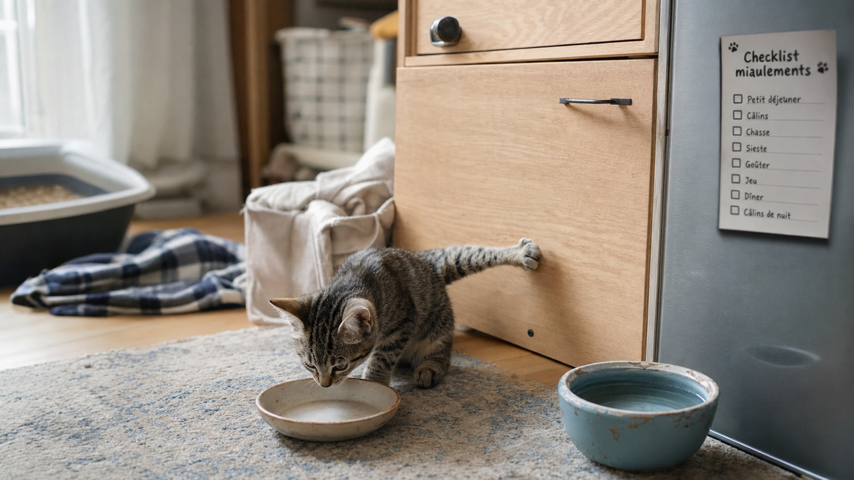 Chaton qui miaule tout le temps : gamelle vide et porte de placard entrouverte, faim stress douleur