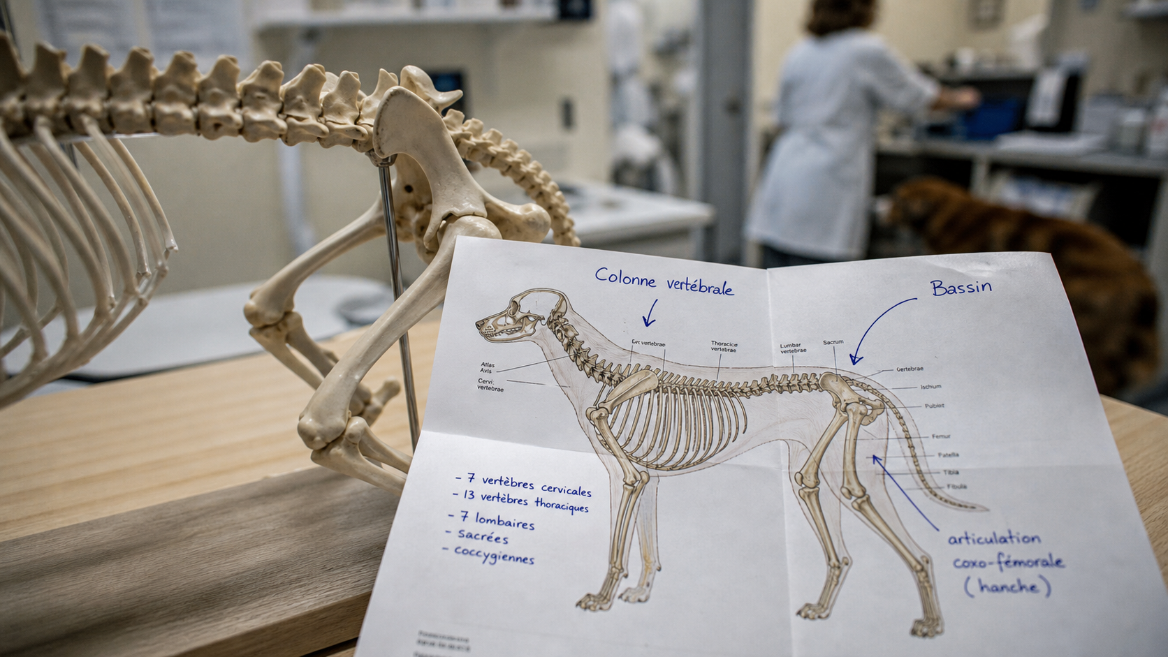 Squelette du chien en os : rachis et bassin, clinique vétérinaire