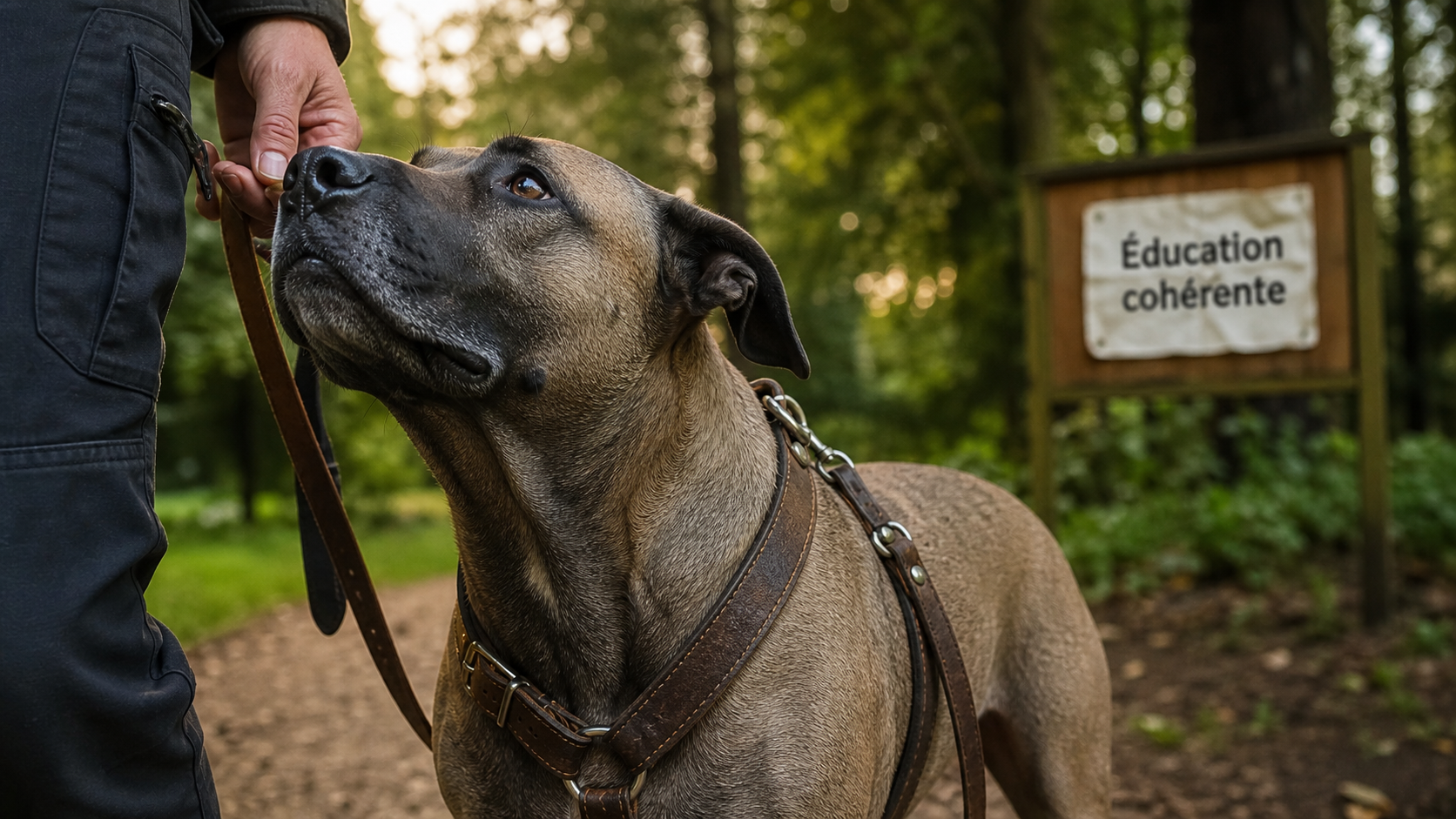 Staff croisé malinois, éducateur et socialisation en parc, harnais