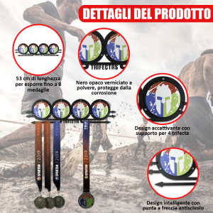 Alternative view of Porta Medaglie Spartan con 4 Porta Trifecta in Acciaio Nero – Espositore Robusto per Atleti