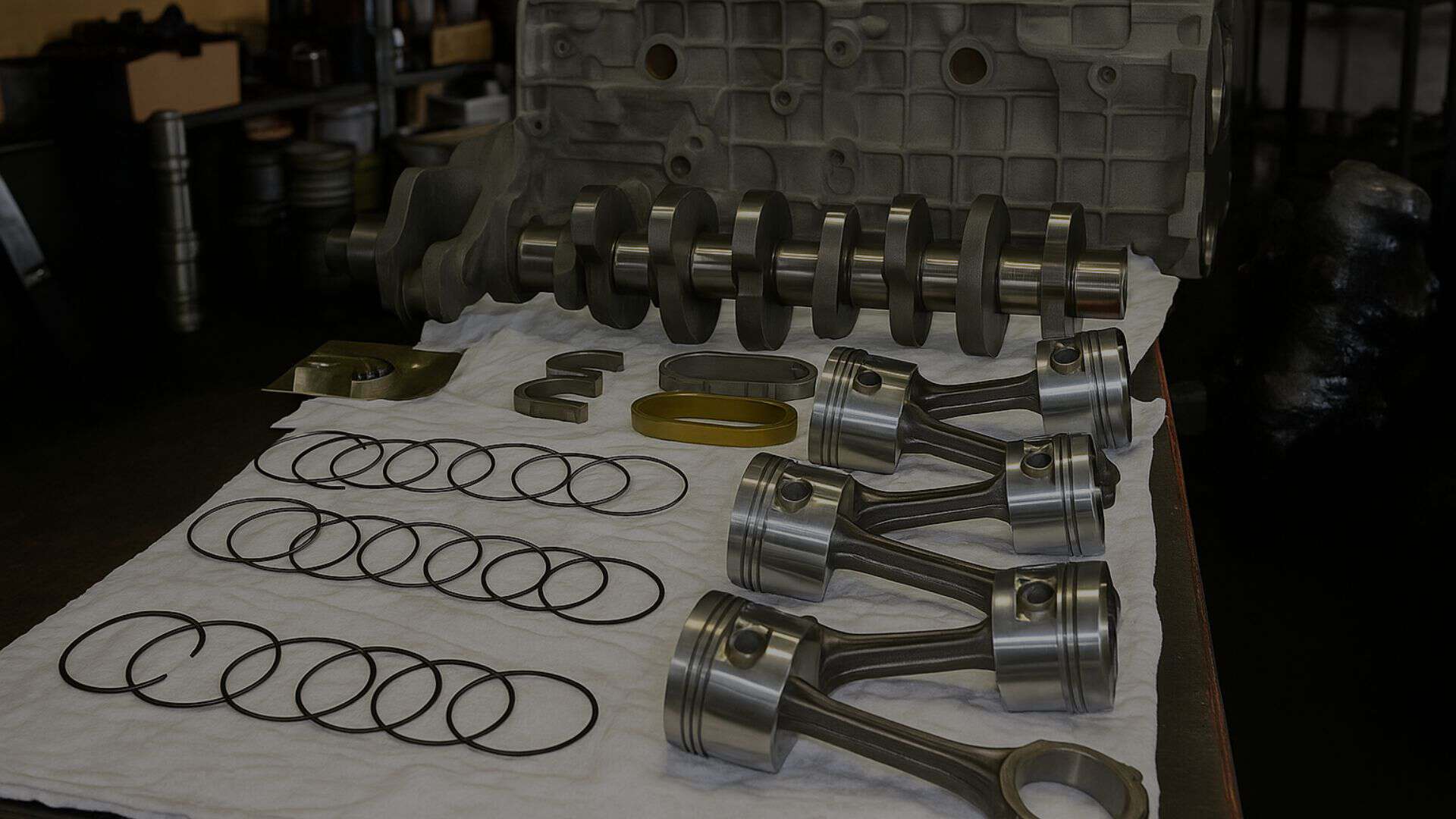 Engine components including pistons, rings, and crankshaft on a workbench.