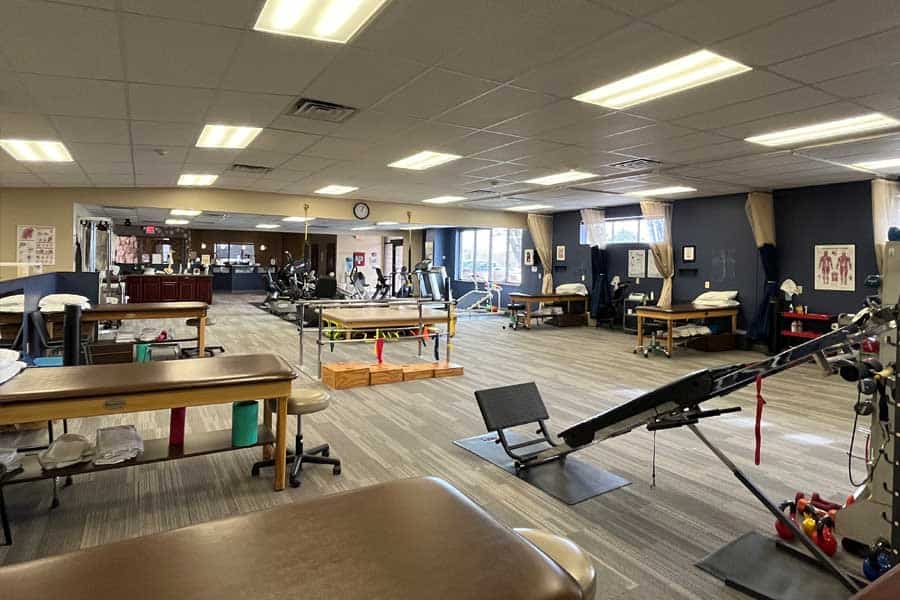 Interior view of North Platte Physical Therapy clinic with equipment and treatment areas.