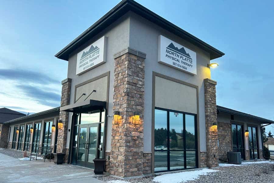 Exterior view of North Platte Physical Therapy clinic with modern design and large glass windows.