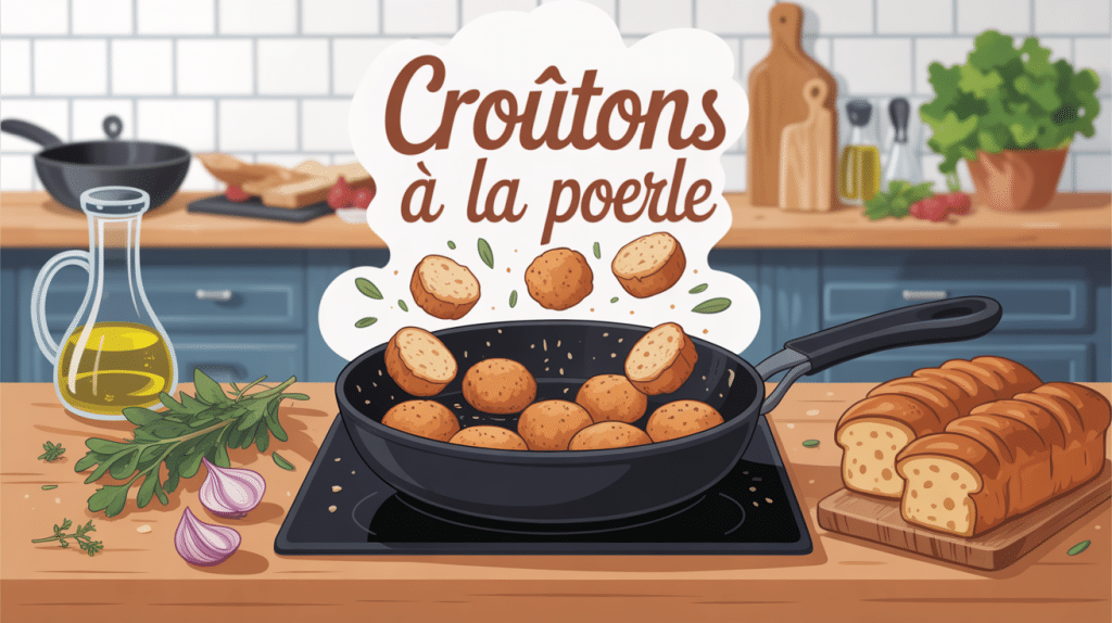 Illustration recette croûtons à la poêle sur plan de travail