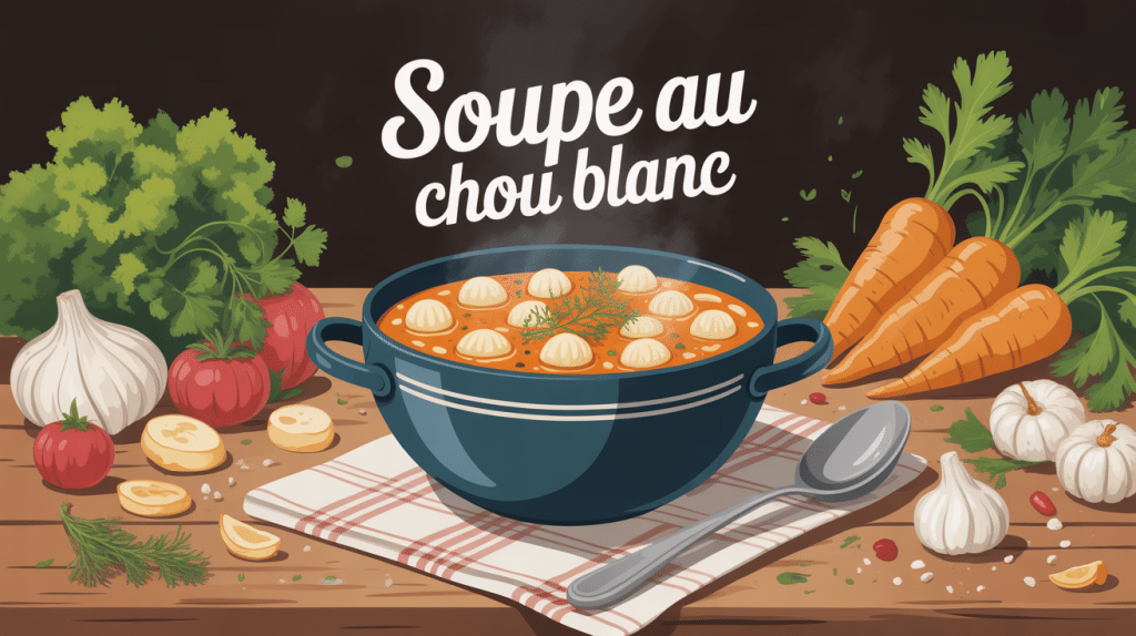 bol de soupe au chou blanc fumante sur table rustique