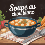bol de soupe au chou blanc fumante sur table rustique