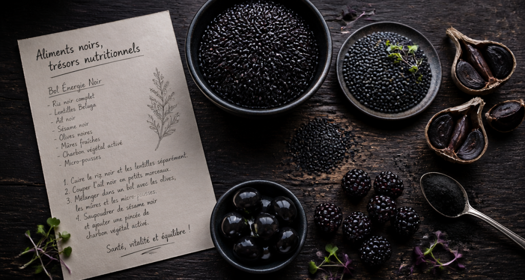 Flat-lay aliments noirs sur table, riz noir, ail noir, mûres