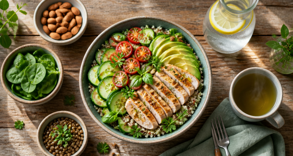 aliment pour perdre le ventre bol quinoa poulet avocat