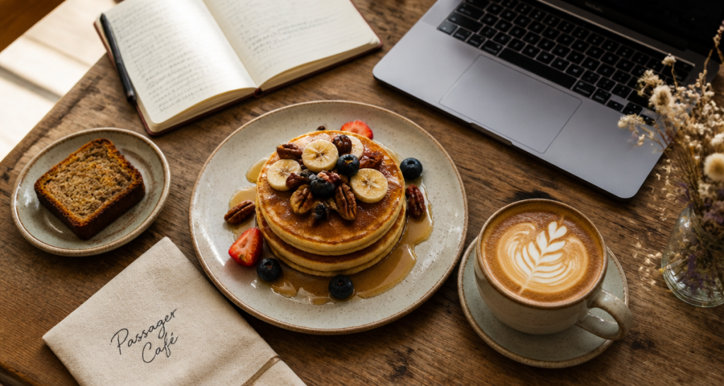Brunch Passager Cafe pancakes flat white