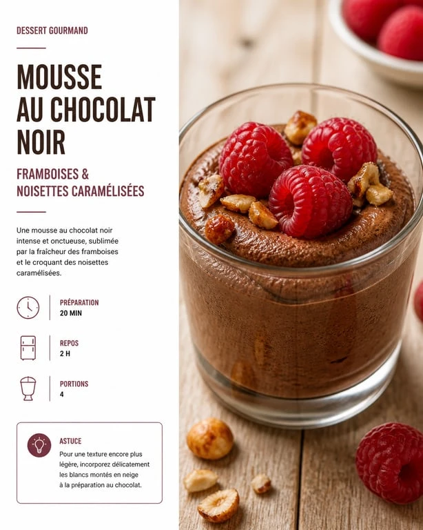 Mousse au chocolat noir accompagnée de framboises et noisettes pour un dessert gourmand